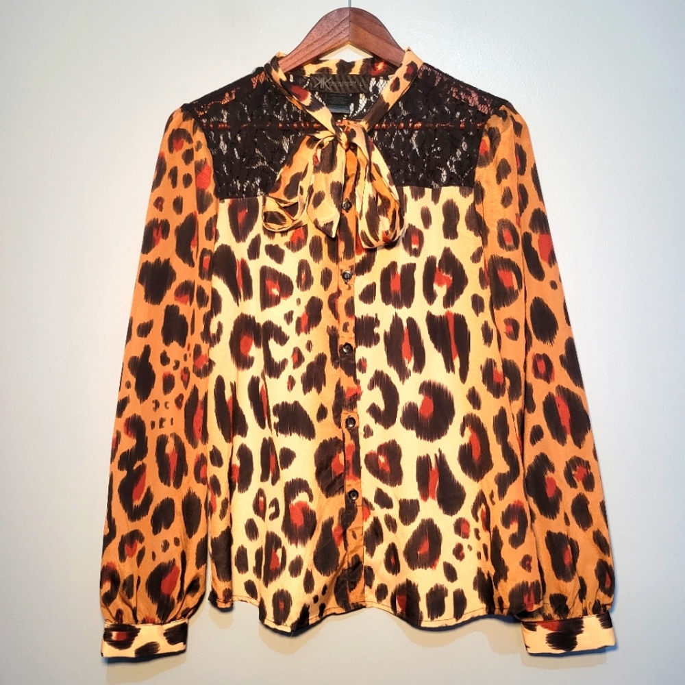 Kardashian Kollection Animal Print Tie Neck Blouse Lace‎ Button Closure Size L